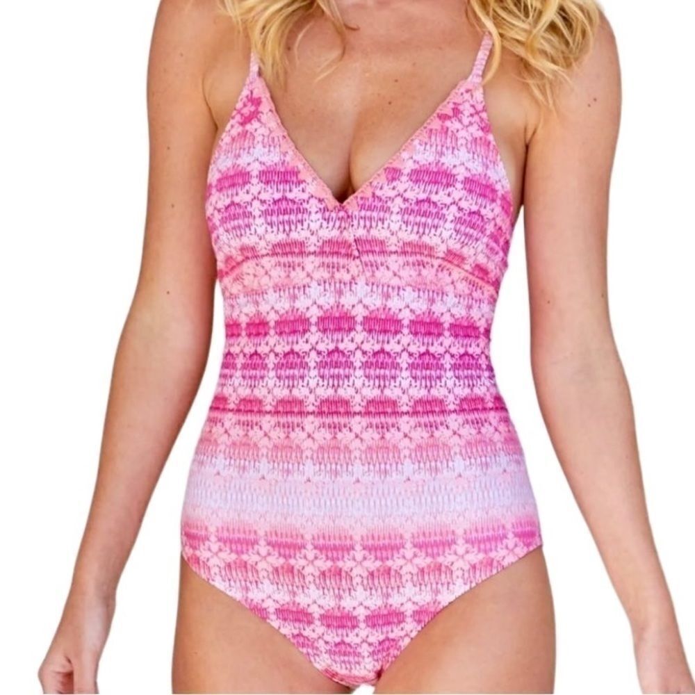 NWT Cabana Life "Napa" Crochet Embroidered Trim One Piece Swimsuit Pink Multi L - Picture 6 of 8